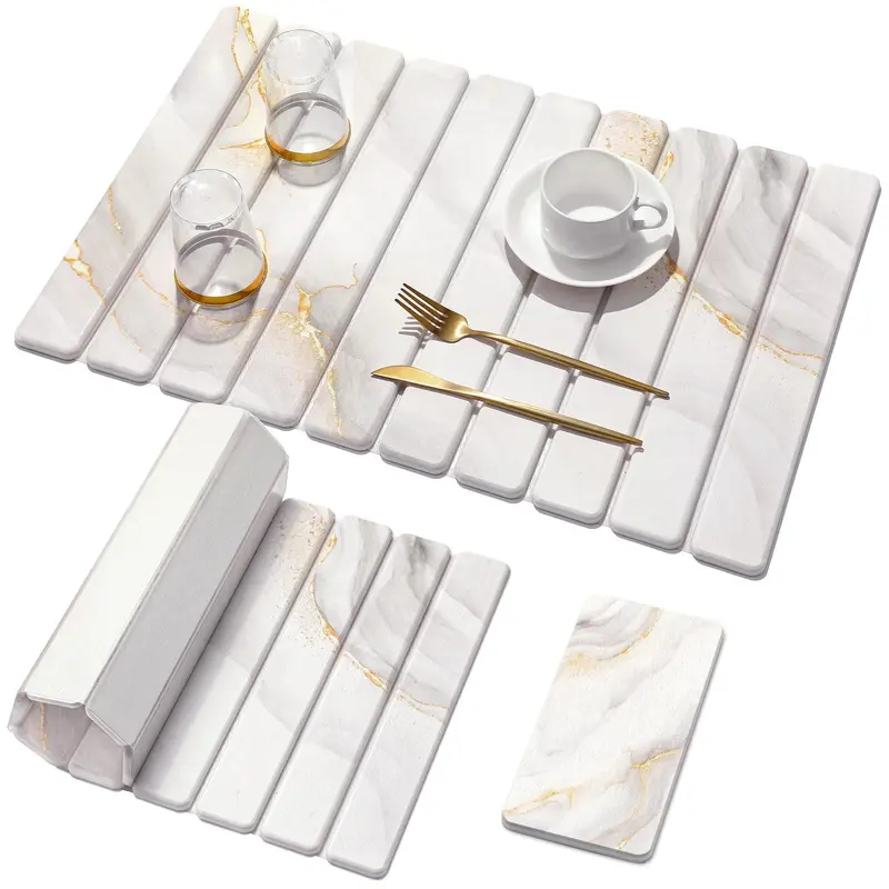 2-Piece Food-Grade Rectangular Diatomite Dish Drying Mats Set, 24×16in & 8×4in Elegant Marble Pads, 30s Fast Dry Absorbent Mats for Kitchen Countertop Tableware, Hand Wash Home Kitchenware