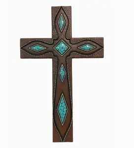 Cross Diagonal Turquoise On Leather Pattern 9.6"X0.75"X15.5" wall hanging decor