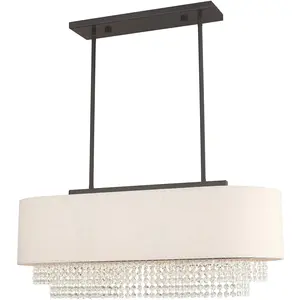 12.25 inch 3 Light English Bronze Linear Chandelier with Clear Crystals/ Hand Crafted Oatmeal Fabric Hardback Shade