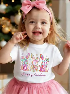 Cute Floral Rabbit Letter Print Baby Girl Short Sleeve T-Shirt, Fashionable Summer Top, Comfortable and Stylish