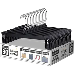 30 Pack Space Saving Heavy Duty Slim Plastic Hangers for Pants, Skirts and Shorts, Ridged Non-Slip with Pinch Clips, 360-Rotating Chrome Swivel Hook, in Black, 12 Inches