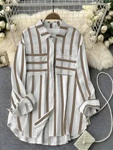 Women's Elegant Striped Long Sleeve Shirt with Pocket, Loose Fit Non-Elastic Fabric, Casual All-Season Wear, Ladies Fashion Top Blouse