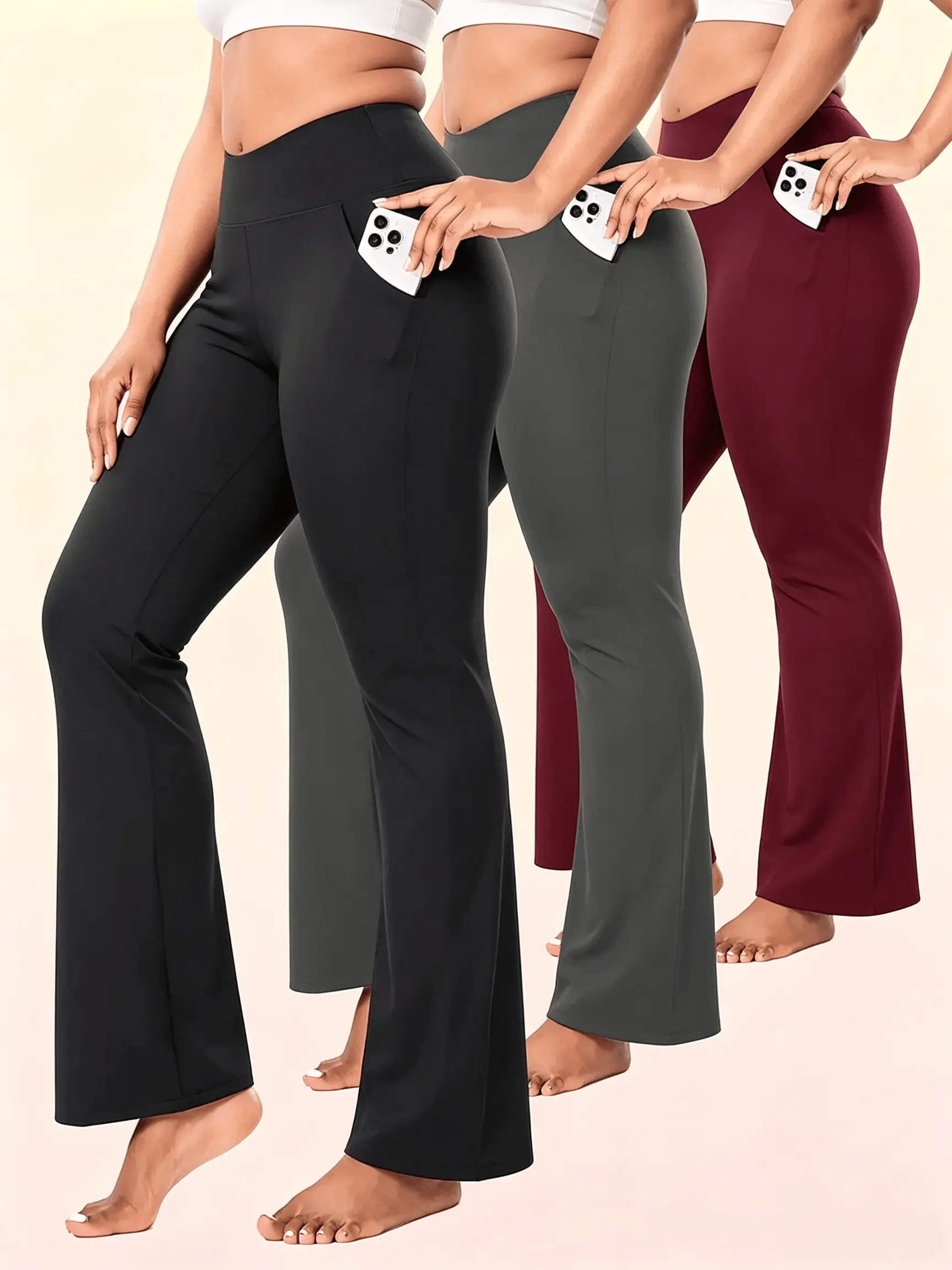 3-Pack Tummy Control Squat Proof Flare Pants High Waist Plus Size Soft Pockets Summer Outfits,  Sporty Chic Design,   Gym Activewear