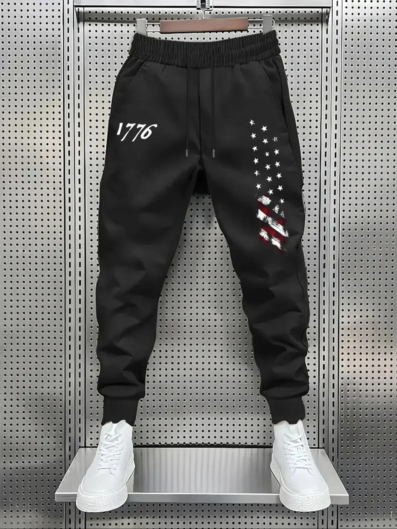 Men's Flag Pattern Digital Print Knitted Sports Pants, Athletic Casual Pants, Loose Fit Elastic Waistband Design, Comfortable Casual Wear for Spring & Fall, Athleisure Style Bottoms