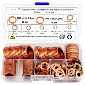 Copper Washers Kit 150 count 8 Sizes - Metric Sealing Flats(M6 M8 M10 M12 M14 M16 M18 M20) for Automotive  Line, Oil Pan Repair (Anti-)