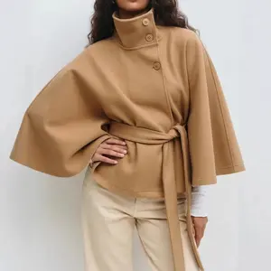 Winter High Neck Batwing Sleeve Coat with Belt Fashion Loose Elegant Button Top Trench Coat for Women in Khaki White Black Navy Blue Brown