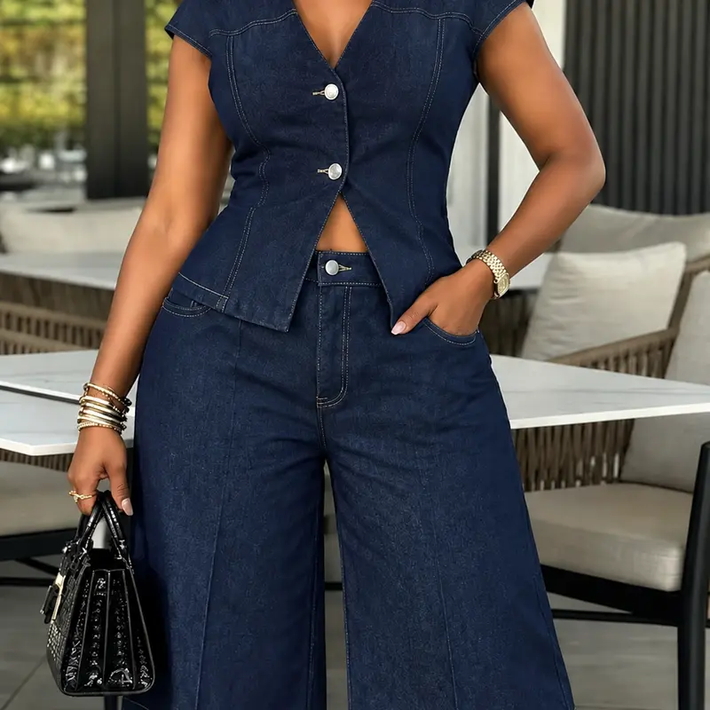 Women's 2-Piece Denim Fashion Clothing Set - Crew Neck Top + Pants, Single-Breasted Suit Version, Wide Leg Design, Comfy Fits, Women's Casual 2 Piece Pants Set