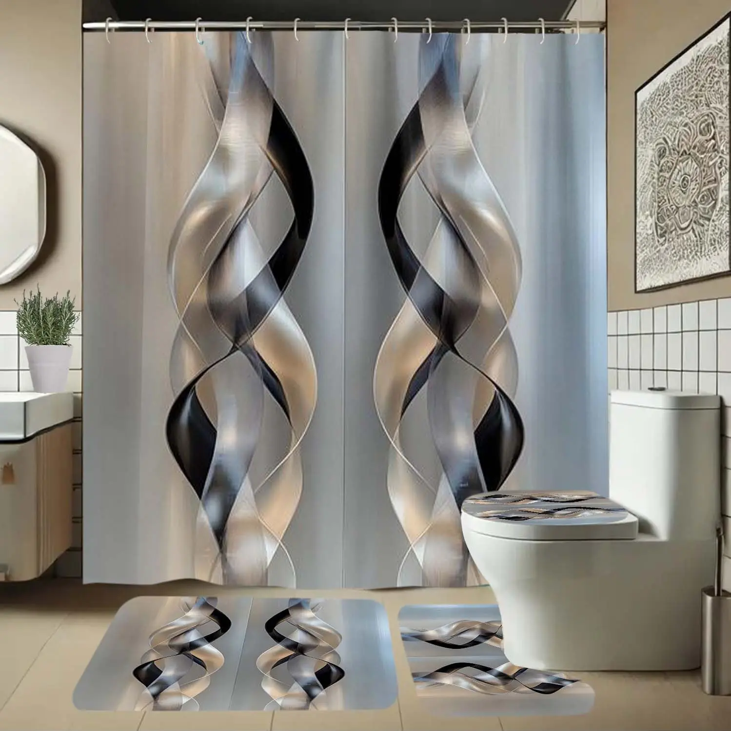 Abstract Shape Bathroom Set, Includes Soft Shower Curtain, Mat, Toilet Seat Cover, Elegant Decoration, 1/4 Piece Bath Ensemble, Shower Curtain Sets, Shower Essentials