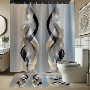 Abstract Shape Bathroom Set, Includes Soft Shower Curtain, Mat, Toilet Seat Cover, Elegant Decoration, 1/4 Piece Bath Ensemble, Shower Curtain Sets