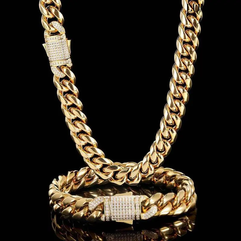 LUNA US Men's Iced Out Stainless Steel Cuban Link Jewelry Set - Matching Necklace and Bracelet Combo, Chain & Link Design, Adjustable Fit, Gift Ready with Cubic Zirconia, Necklaces for Boyfriend, Everyday Metal Hip Hop Bling