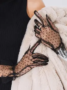 Summer Women's Lace Polka Dot Sunscreen Gloves, Sexy Hollow Out Fashion Breathable Round Point Ruffle Fingerless Gloves