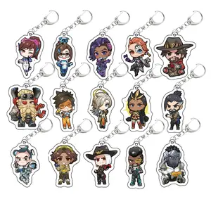 Overwatch 2 keychain featuring characters D.Va, Kiriko, Genji, Mercy, Tracer, Reaper, Hanzo, Ana, Lucio, Ashe, in chibi style, made of acrylic, perfect as a bag or backpack charm accessory