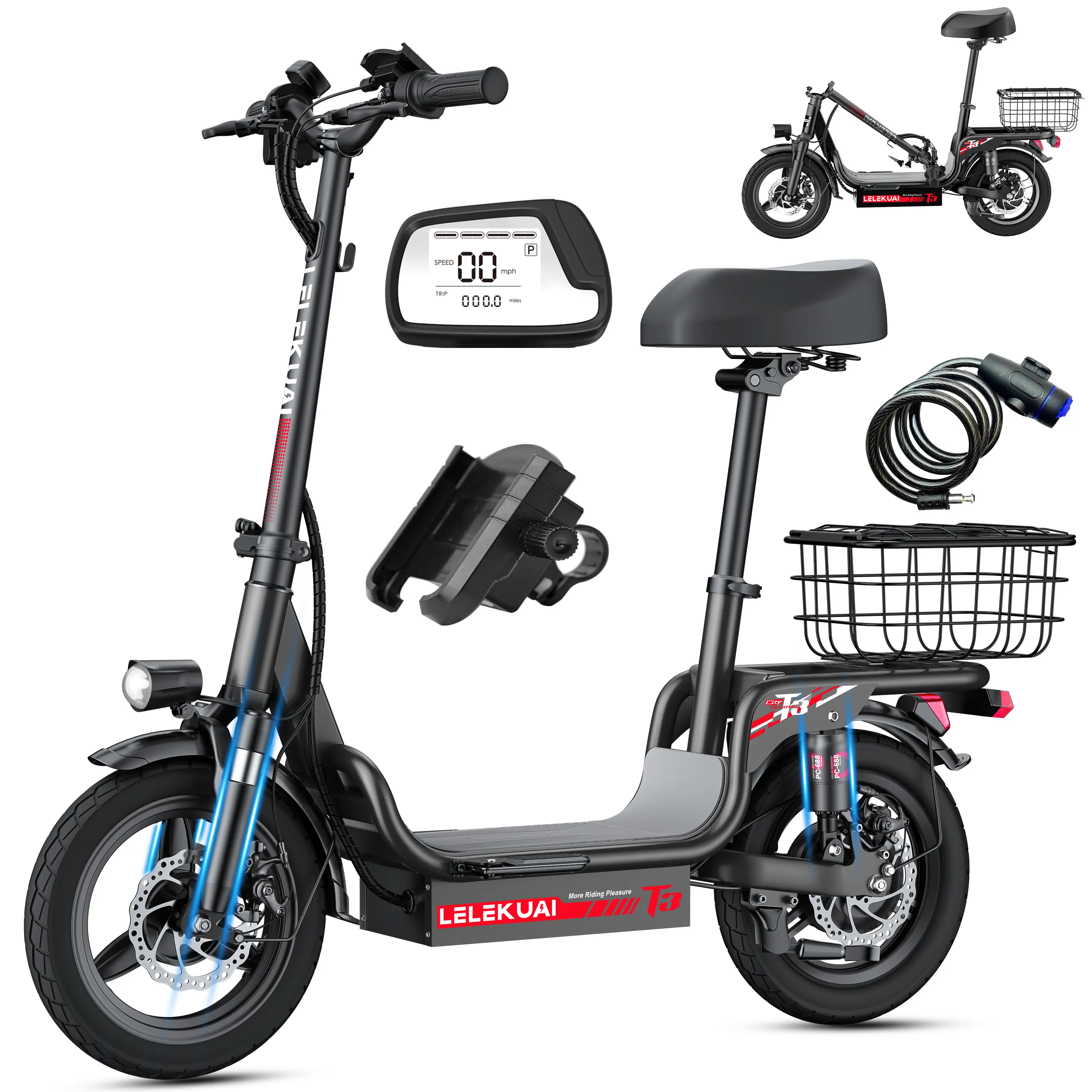 Heavy Duty Folding Electric Scooter with 750W Motor, 500 lbs Capacity, 20 mph Speed, Dual Brakes & Shock Absorbers, LED Headlight, Phone Holder & Tool Kit, Portable Folding Scooter, Combination Lock, Foldable, Daily Commute, 500Lbs Load Capacity, Dual Spr