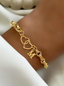 Women's Stainless Steel Chain Bracelet, Elegant Letter Pattern Design, All-Season Fashion Accessory for Women, Heart Charm Bracelet, Exquisite Bracelet