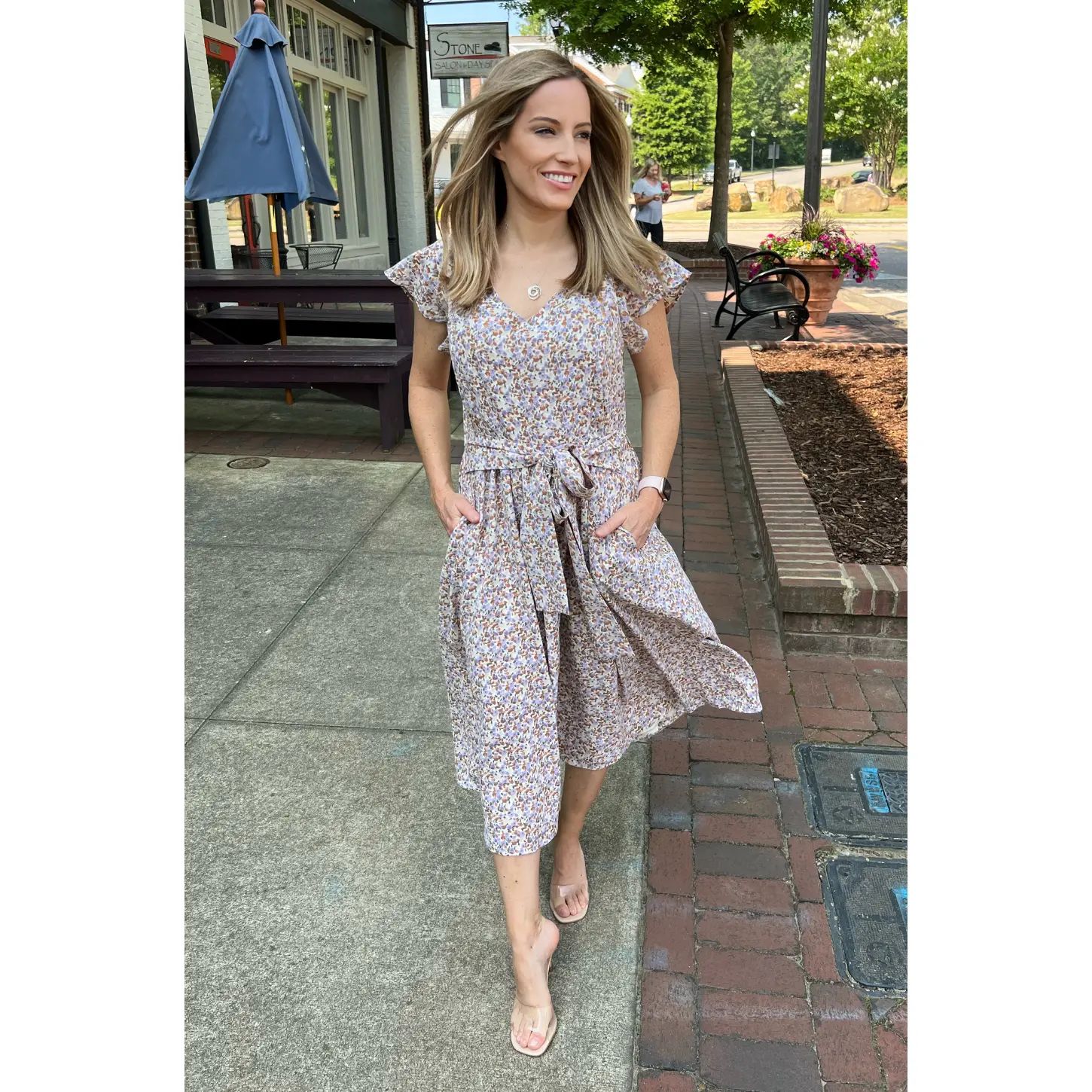 Belted Nursing Midi with Pockets- Beige Floral