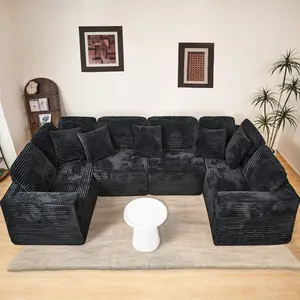135.5-inch Modular U-Shaped Sectional Sofa, 6-Seater Chaise Lounge with Reversible Design, Striped Corduroy Fabric in Black – Customizable Living Room or Bedroom Couch, Freely Configurable Layout. Oversized Modular Lazy Sofa Corner U-L Sofa with Corduroy