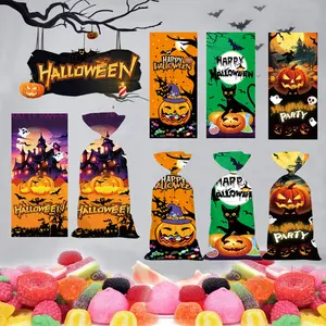 50 Pcs Candy Bucket Halloween Treat Bags Halloween Goodie Bags Candy Bag Trick or Treat Gift Bag with Ties for Kids Clear Cellophane Goody Favor Gifts for Snacks Cookies Packing Party Favors Decorations Supplies
