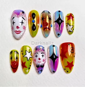Neon Circus Clown Press-On Nails – Colorful Harlequin Fake Nails