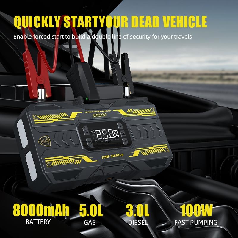 Portable Car Jump Starter (6400mAh / 8000mAh) with Air Compressor, Fast USB Charging and Multiple Safety Protections, Includes Jumper Cables, Car Tool Kit