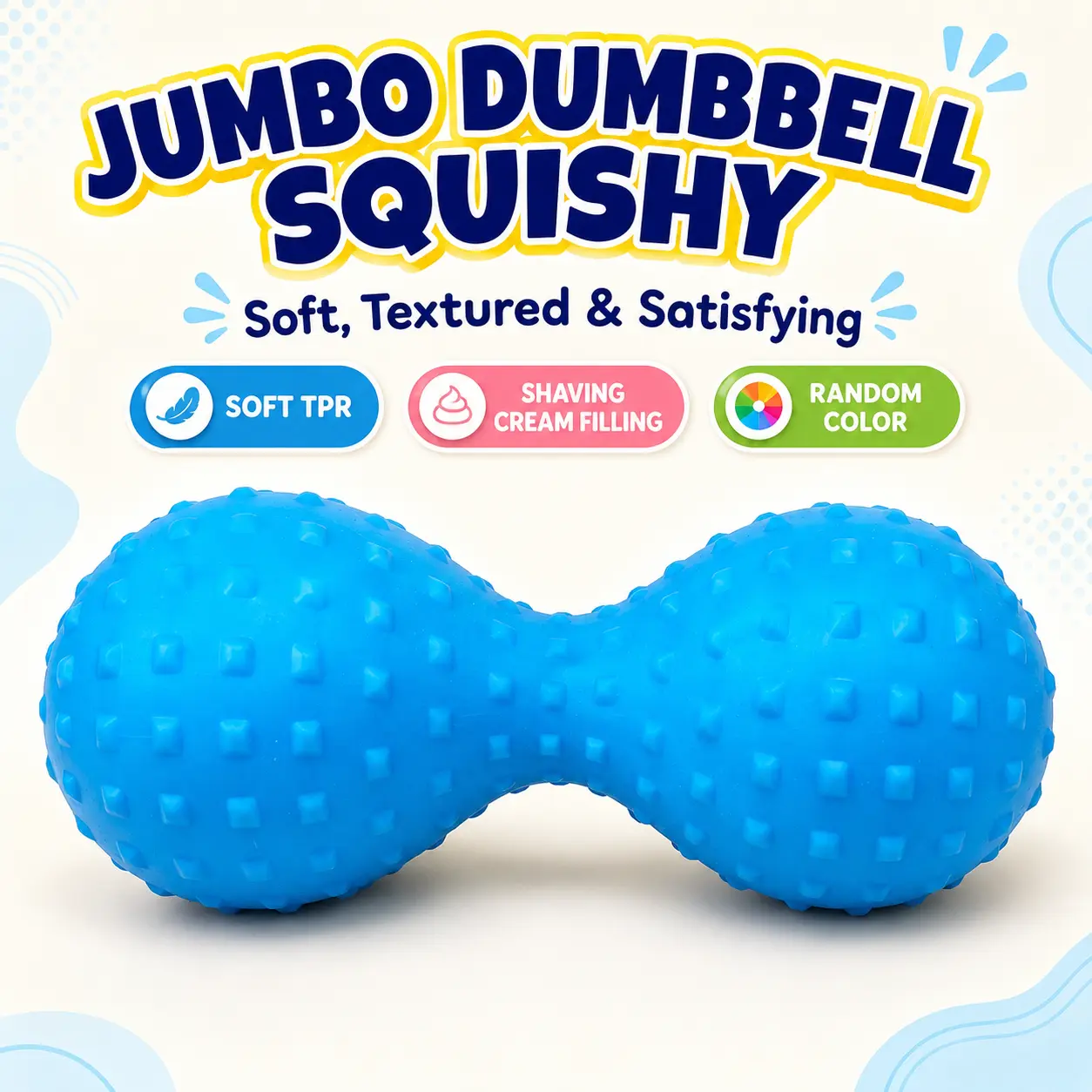 Jumbo Dumbbell Squishy Toy, Giant Textured TPR Squeeze Toy with Shaving Cream Filling, Soft Sensory Stress Relief Fidget Toy for Desk, Office and Everyday Relaxation, Random Color