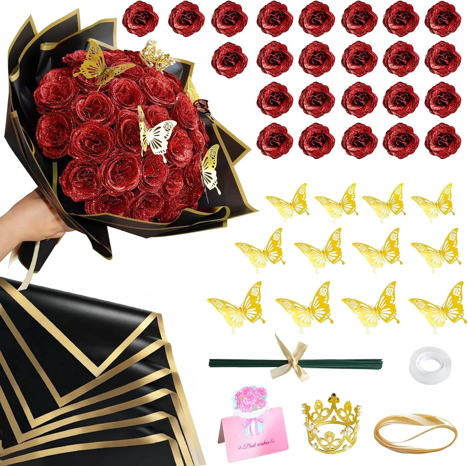 DIY Glitter Roses Bouquet Red - Artificial Rose Bouquet Kit Shiny Fake Eternal Floral Bouquets for Graduation Wedding Anniversary for Mother - 24 Pack