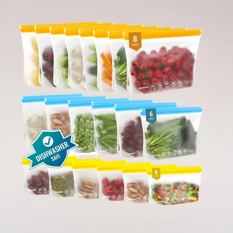 20Pack Reusable Bags Dishwasher Safe, Leakproof Reusable Freezer Bags, BPA Free Healthy Food Storage Contaizers Sandwich Snack Baggies for Lunch Travel(8 Gallon 6 Quart 6 Snack,Colored)