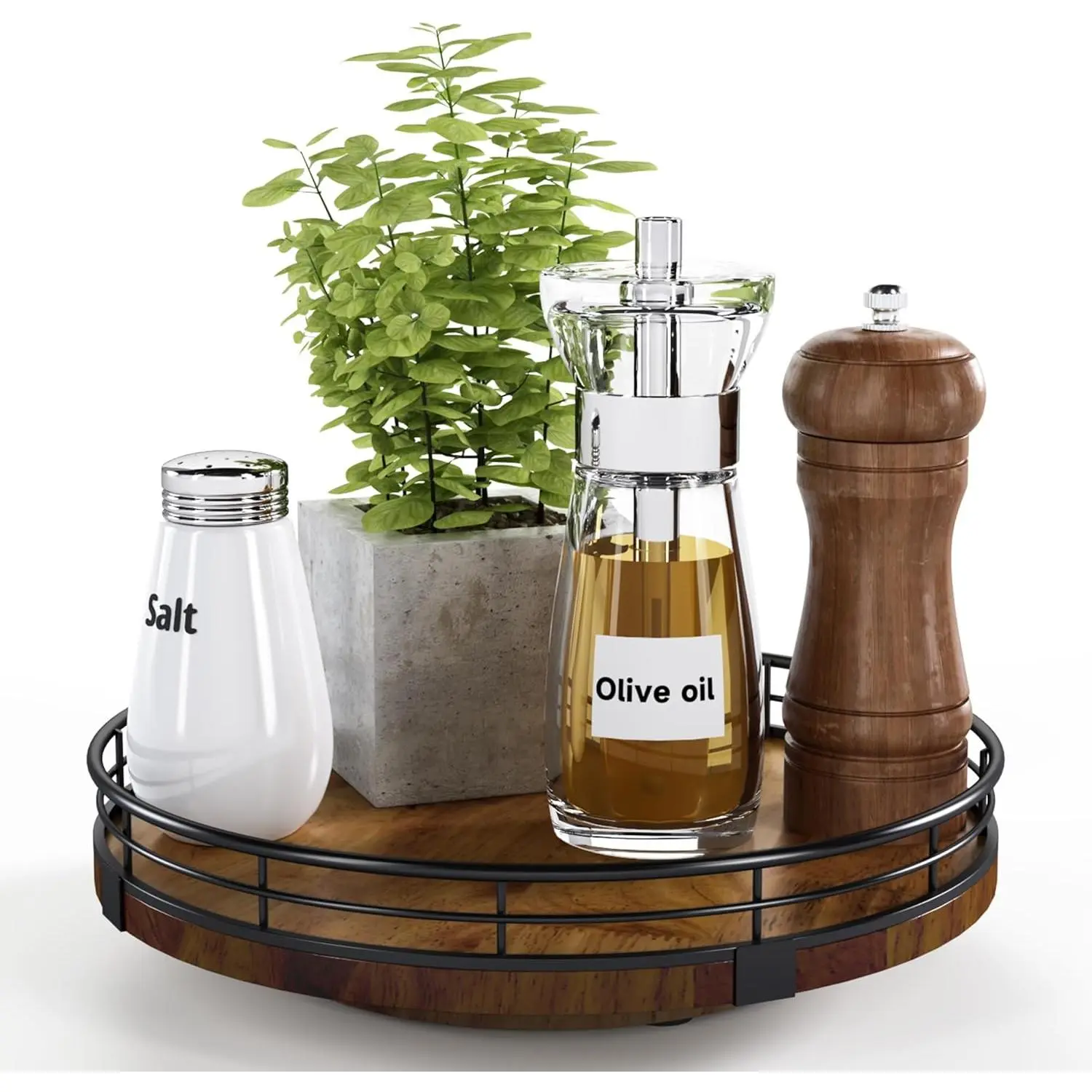 9-in Walnut Solid Wood 360° Spin Lazy Susan Turntable Organizer - Steel-Frame Farmhouse Rustic Home Storage, No Assembly Required, for Kitchen Cabinets, Condiment Organization, Ideal Mother's Day Gift, Organizing Pantry