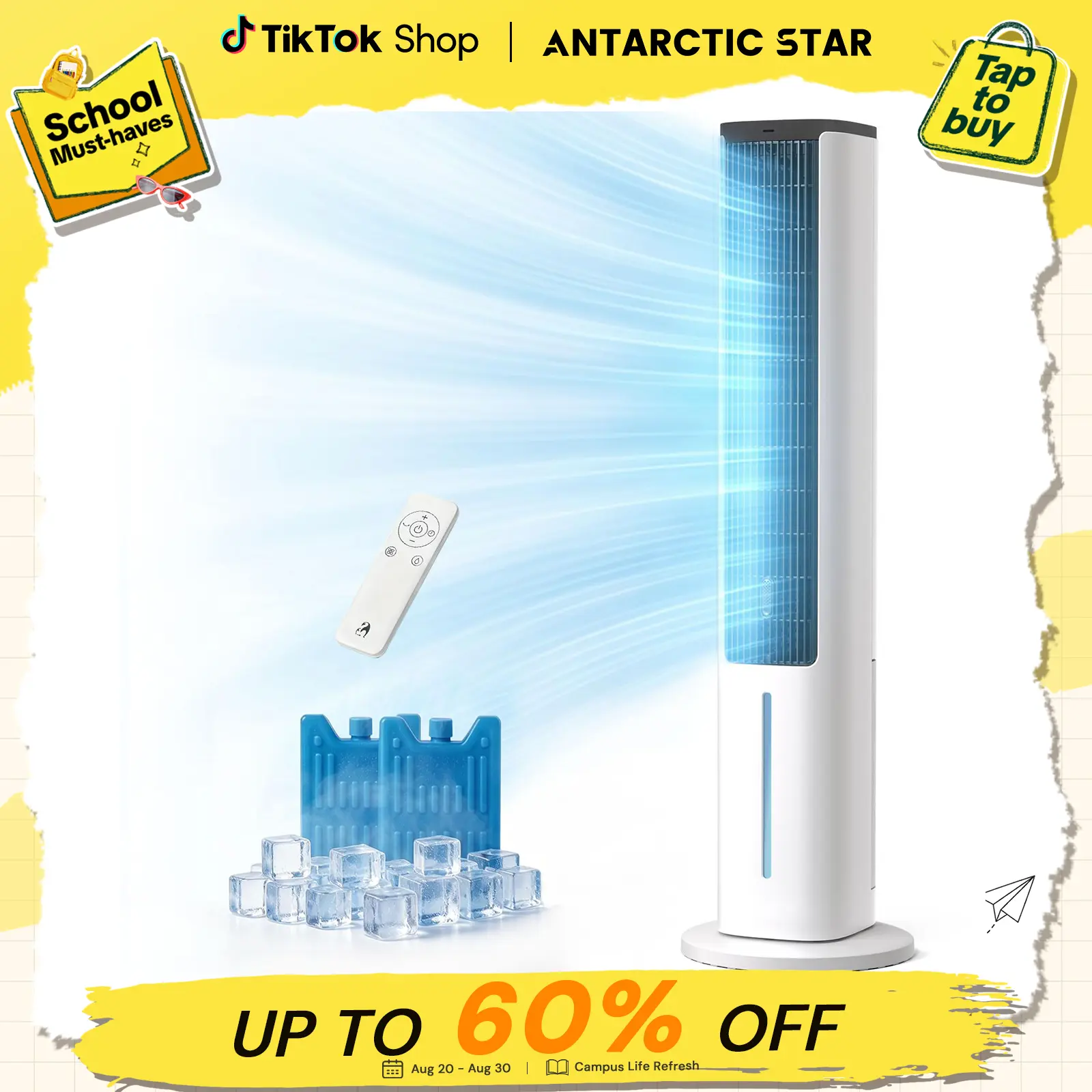 【BackToSchool】Antarctic Star Evaporative Air Cooler, 40" Standing Fans that Blow Coold Air, 80° Oscillating Bladeless Cooling Fan for Bedroom, 5L Removable Water Tank, 15H Timer, 4 Speeds + 3 Modes, Aromatherapy Box, Remote Control,tiktokshopbacktoschool,