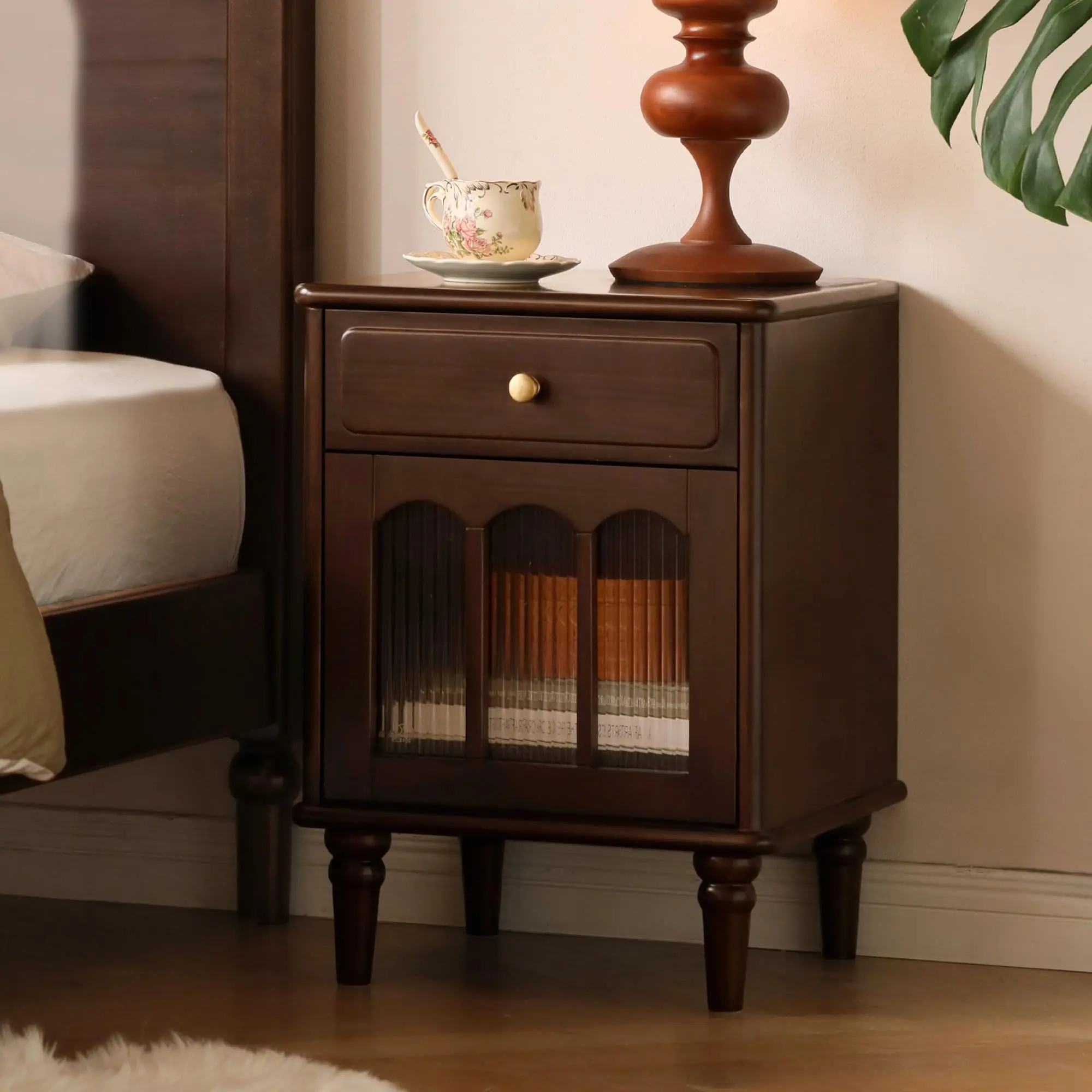Wayshome Farmhouse Night Stand with Glass Decorative Door, Rustic Wood Nightstand with Drawer, Walnut Bedside Table, Mid Century Modern Nightstands, Small Nightstands for Bedroom 15.75"D x 16.54"W x 22.83"H