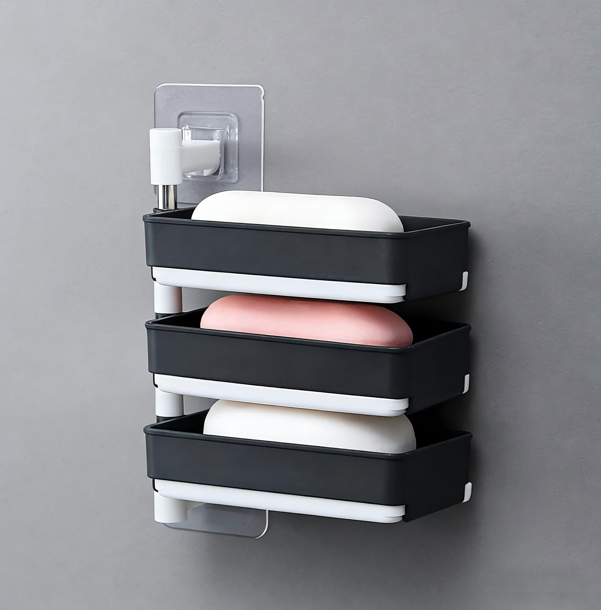 Three-tier wall-mounted, no-drill soap holder, 180-degree rotating, with soap drain tray, bathroom soap rack, toiletries storage shelf.