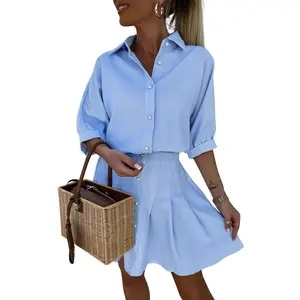 Chouyatou Women's Two-Piece Set Casual Elegant Outfit Striped Button-Down Collared Shirt and Pleated Mini Skirt