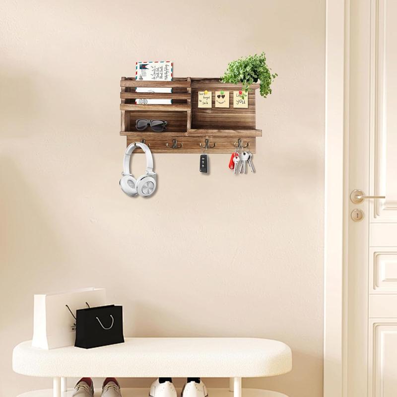 Wall Mount Key Organizer with 8 Hooks, Solid Wood Entryway Storage for Keys and Mail, Self Adhesive or Drill Installation, Rustic Home Decor for Hallway Bedroom Farmhouse (Burnt Brown)