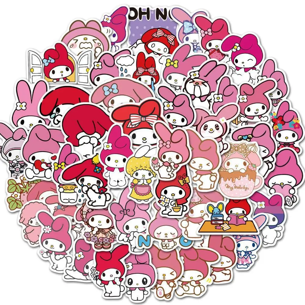 Sanrio Hello Kitty Stickers 50-Piece Mixed Design Set. Cute stickers perfect for scrapbooking and DIY crafts.