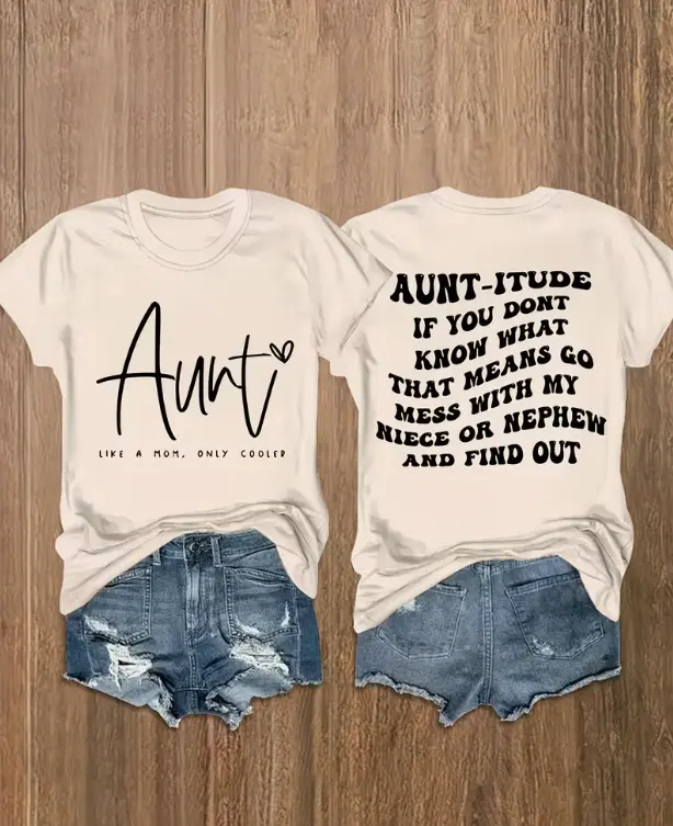 Women's Beige Cotton Comfortable Short-Sleeve Crew Neck T-Shirt, Double-Sided Print Auntie Gift for Everyday Wear (Aunt Like A Mom Only Cooler Graphic)