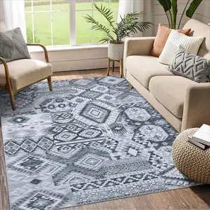 【GARVEE】3x5 Entryway Rug - Machine Washable, Ultra-Thin Non-Slip Vintage Chenille Patchwork Accent Rug, Foldable, Non-Shedding Boho Style for Living Room, Bedroom, Dining Room, Nursery in Grey