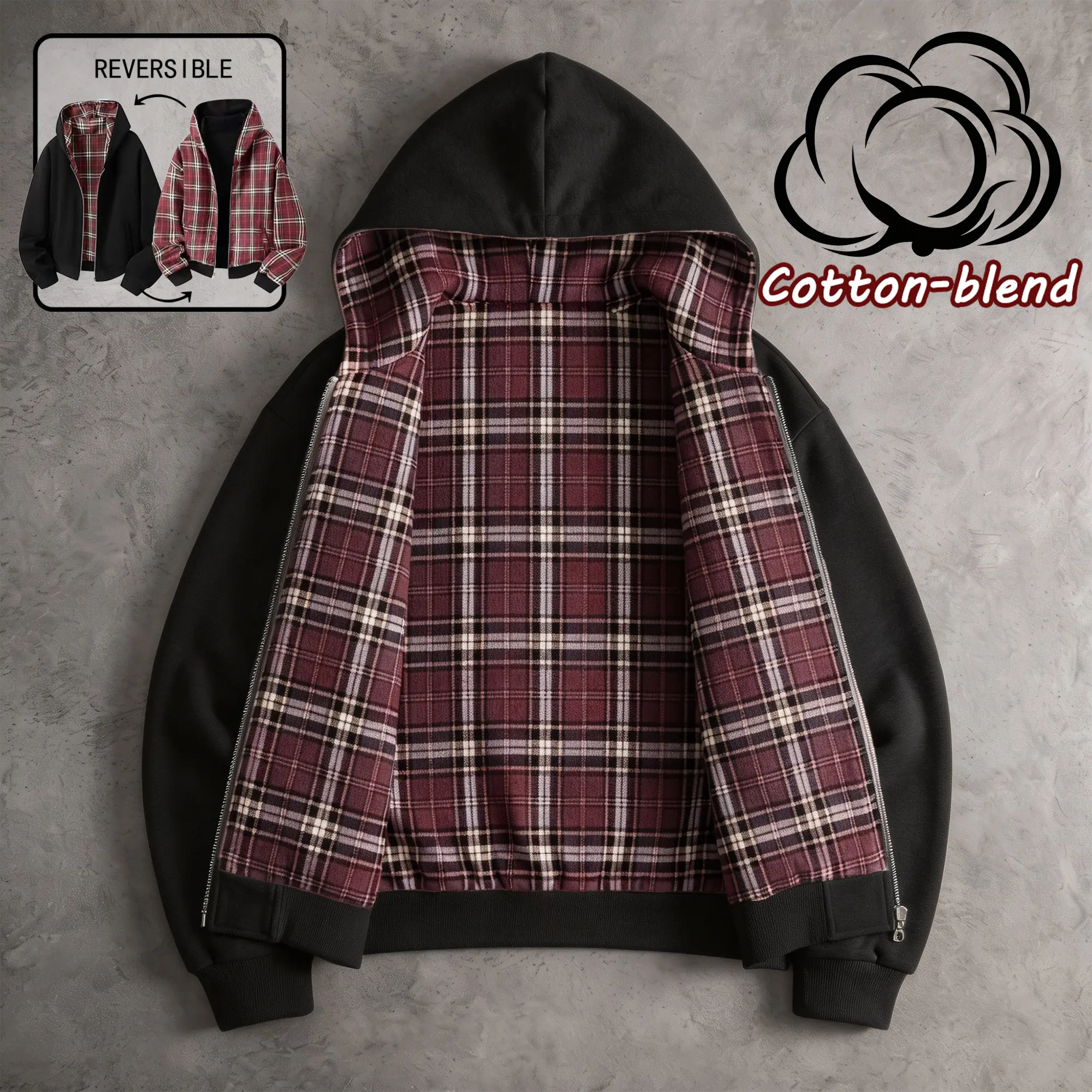 Men’s Cotton-Blend Hooded Jacket - Reversible, Loose-Fitting, Plaid Lightweight Outerwear for Spring & Autumn, Versatile Street Style for Everyday Outings & Outdoor Sports (Couple-Compatible)