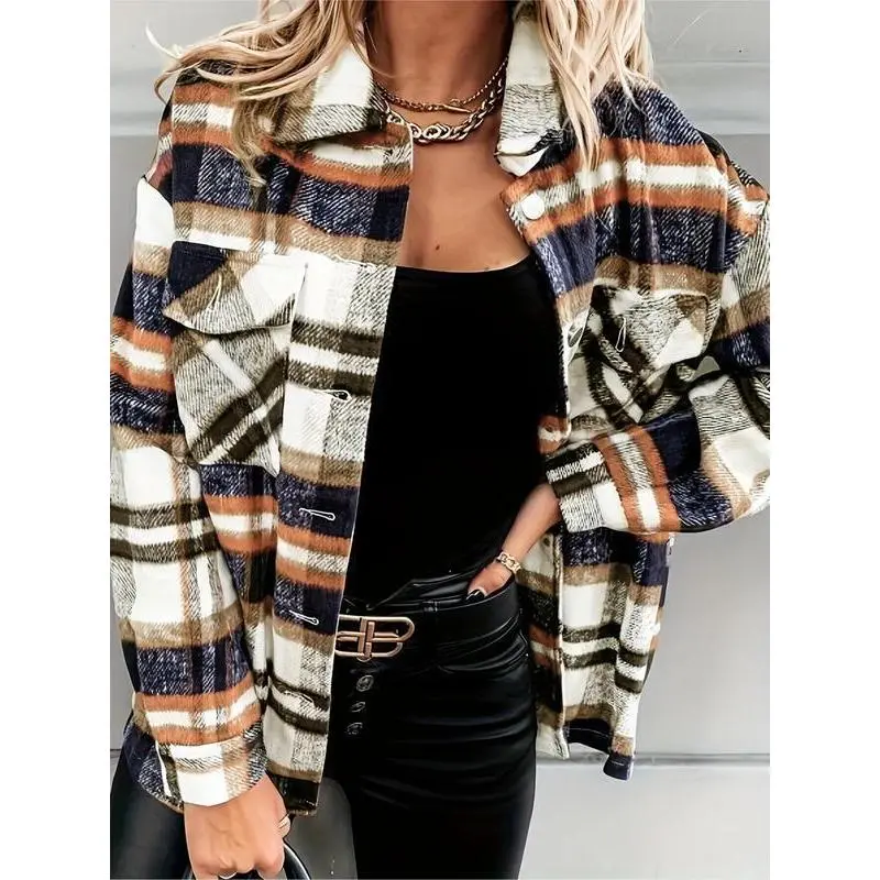 Women's Fitted Plaid Woolen Fashion Outerwear - Lady's Casual Long-Sleeve Button Coat, Raincoat-Compatible for Everyday/Office Wear (Sports & Outdoor Clothing)