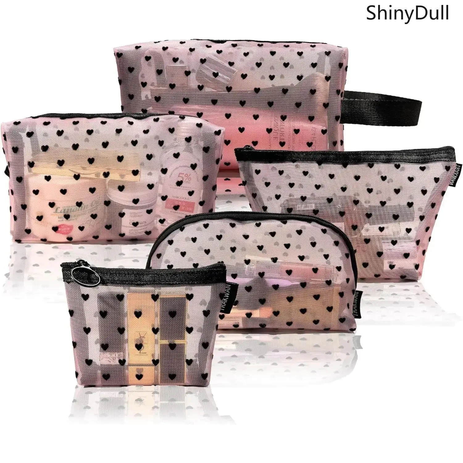 5PCS Multi-Size Synthetic High-Capacity Polyester Nylon Mesh Makeup Bag & Coin Purse Set - Foldable, Breathable Organizer for Travel, Gym Use (Pink-5 Pcs), Zip, Business, Different Sizes, Fast‑Open Zipper