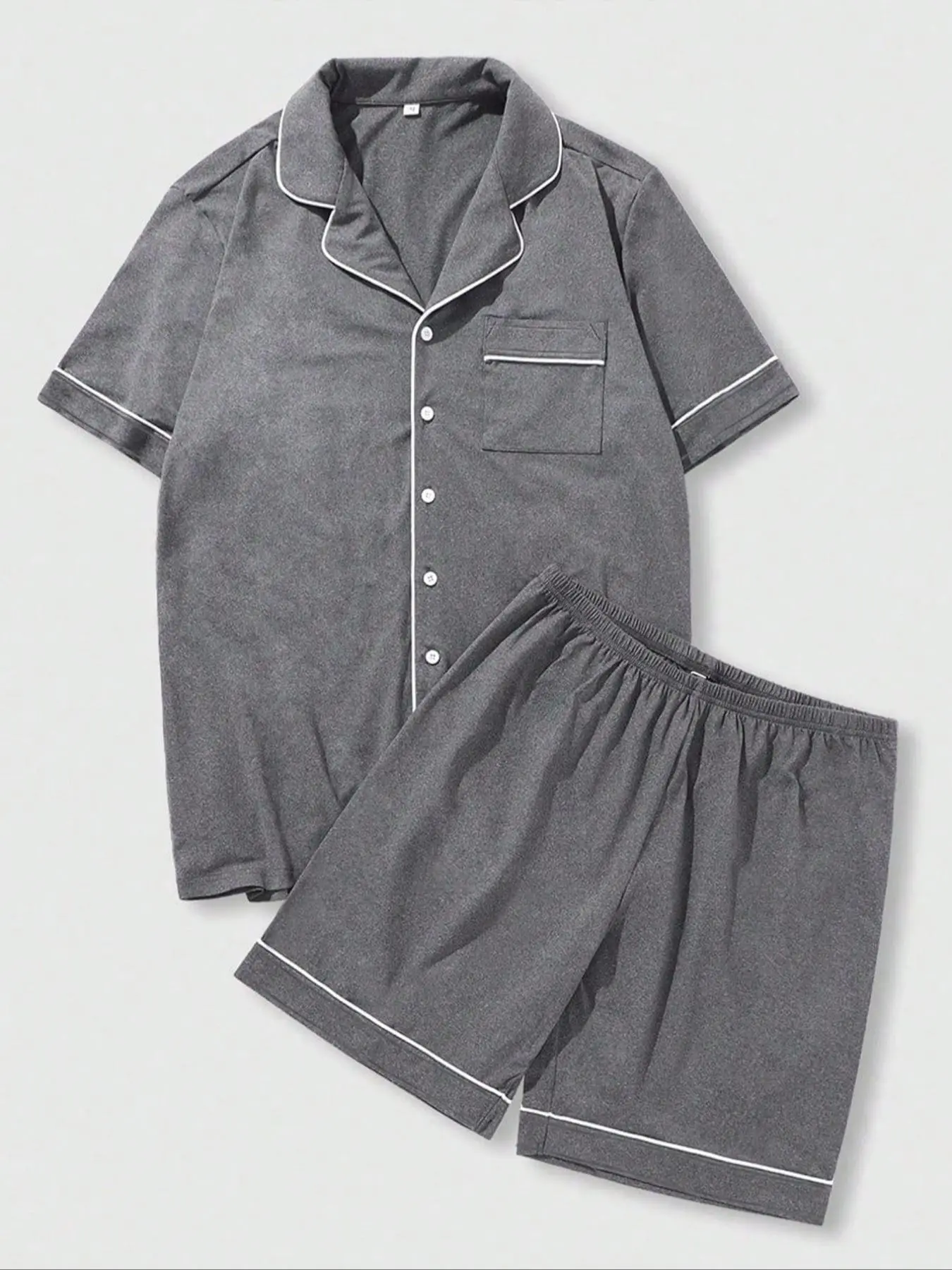 Two-piece Set Men's Solid Button Front Pocket Shirt & Shorts Pajama Set, Regular Fit Casual Comfy Short Sleeve Lapel Top & Shorts Pajama Set, Men's Sleepwear for Spring & Fall Loungewear Homewear Nightwear Outfit, Casual Comfy Pyjama