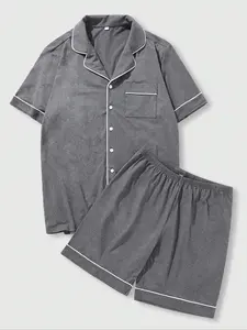 Two-piece Set Men's Solid Button Front Pocket Shirt & Shorts Pajama Set, Regular Fit Casual Comfy Short Sleeve Lapel Top & Shorts Pajama Set, Men's Sleepwear for Spring & Fall Loungewear