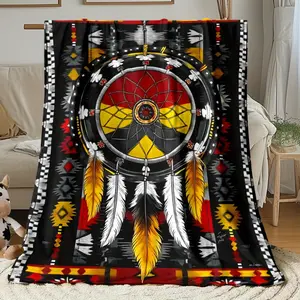 1pc Indian Dreamcatcher Blanket - Tribal Feather Motif in Black/Red/Orange/ - Lightweight Flannel-like Bedspread for Couch, Bed, Camping, Travel - All-Season Soft Warm Decorative Throw - Easy Care Home Decor