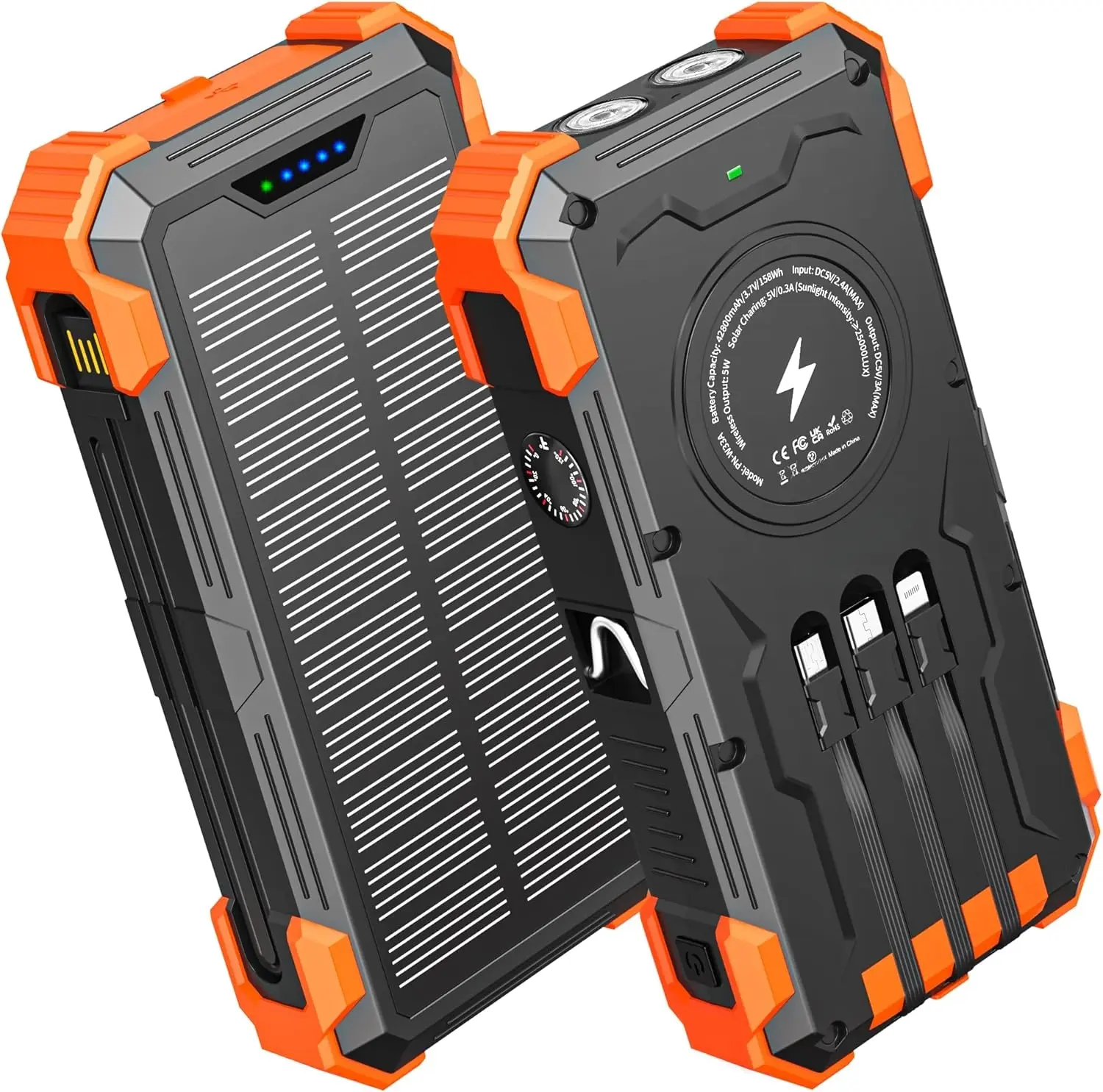 42800mAh Solar Power Bank | Wireless Portable Charger | QC3.0 Fast Charging | USB-C & 4 Ports | Dual LED Flashlight | Outdoor Battery Pack for iPhone & Android