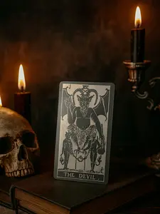 Metal Devil Tarot Card – Laser Engraved Gothic Occult Collectible, Bold Shadowy Design, Anodized Aluminum, Silver Engraving, 3.4 x 2.13 in, Perfect for Tarot Readers and Occult Practitioners
