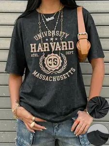 Women's Casual Fashion Washed Short - Sleeve T - Shirt, Harvard University Retro Printed Loose Crew - Neck Top VintageTStreetwearY2K