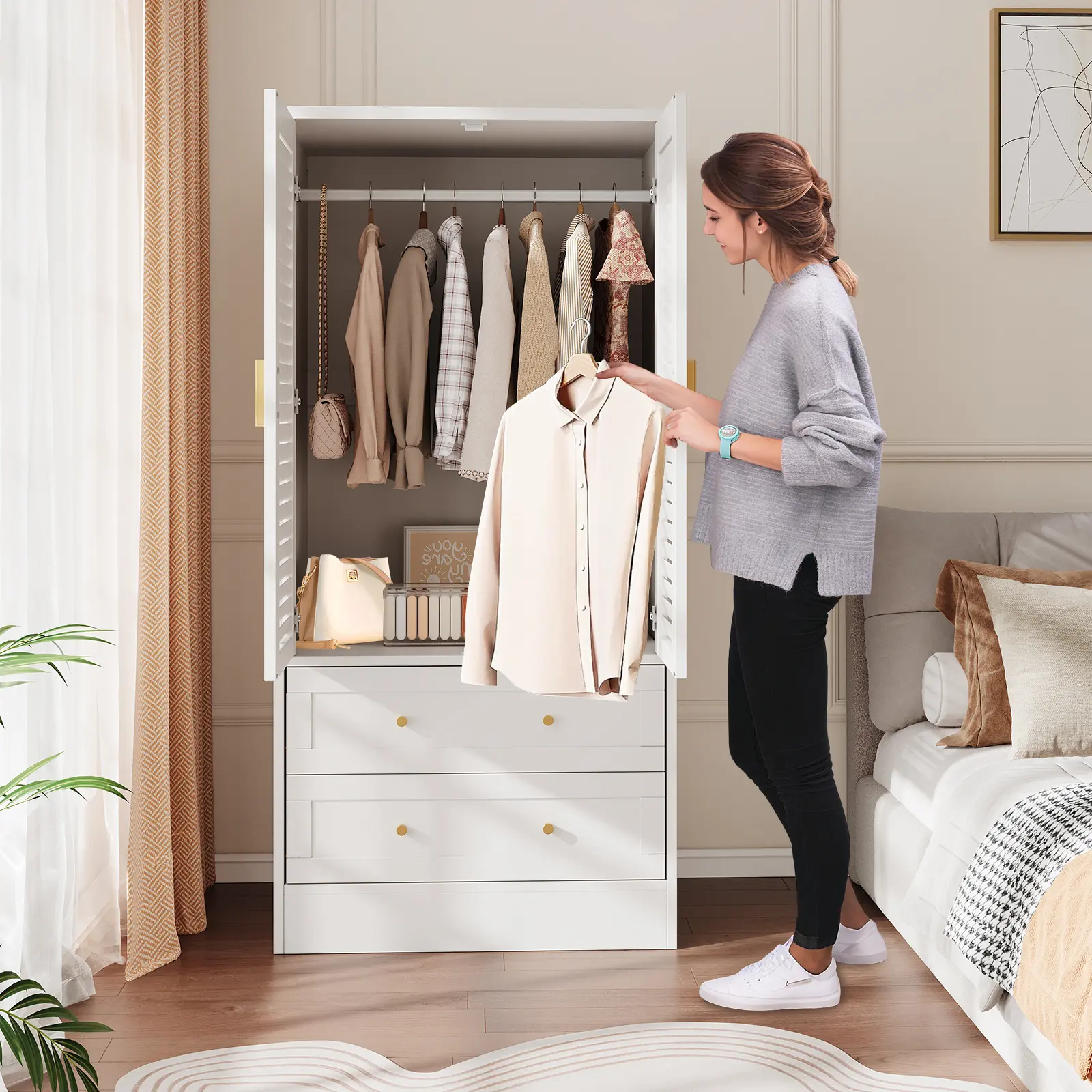Summervibes Flash sale home items Spacious 65" Composite Wood Wardrobe Closet – Louvered Double Doors, 2 Drawers, Hanging Rod, Large Multi-Functional Storage Cabinet for Bedroom, Entryway, Laundry, or Cloakroom – Durable, Modern Design, Stable