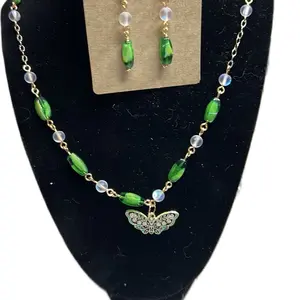 2-Piece Green Moth Jewelry Set, Dangle Beaded Earrings and Pendant Necklace for Women