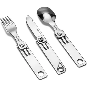 NEW  3-in-1 Knife Spoons Fork + Pouch - Magnetic Folding Stainless Steel Camping Brushes Set - EDC Portable Lightweight Cutlery for Hiking Backpacking Travel Lunchbox Outdoor Silverware Essentials