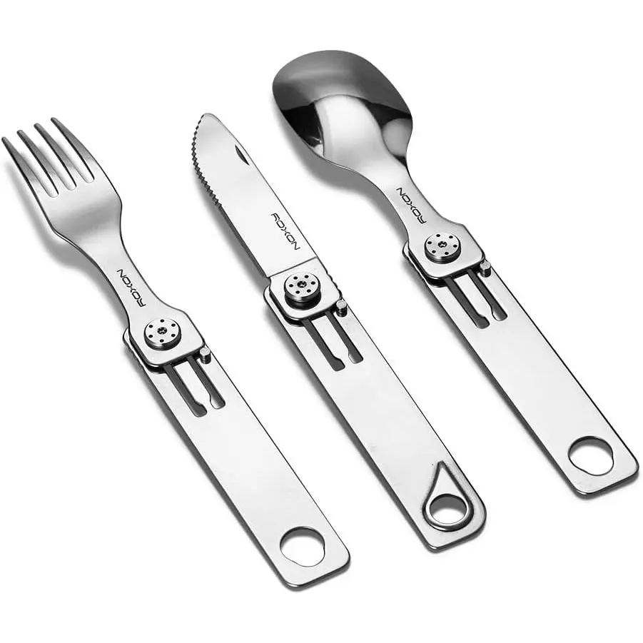 NEW  3-in-1 Knife Spoons Fork + Pouch - Magnetic Folding Stainless Steel Camping Brushes Set - EDC Portable Lightweight Cutlery for Hiking Backpacking Travel Lunchbox Outdoor Silverware Essentials