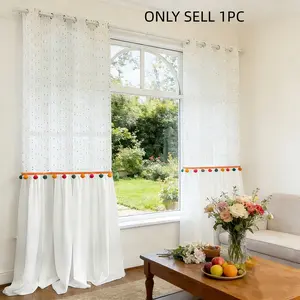 1pc Vertical Stripe Sheer Curtain with Colorful Pom Poms, French Elegant Patchwork Design, Living Room Bedroom Sliding Door Light Filter