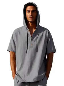Men's cotton short-sleeved T-shirt with hoodie, Classic Plain - With button-fastened drawstring hood, lightweight and breathable fabric, and relaxed and Casual Fit Comfy. Perfect for summer vacations, beach outings, and daily casual occasions.